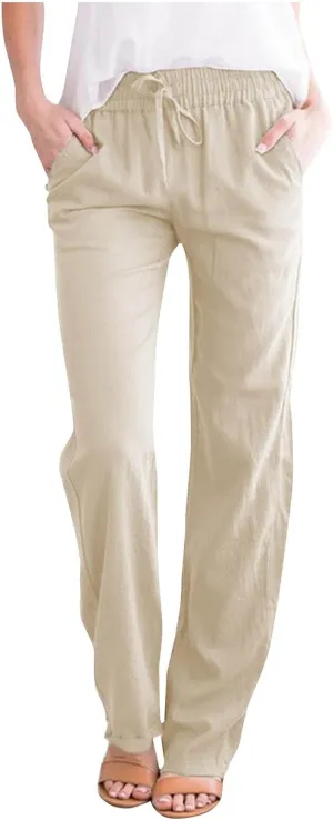 Women's Casual Linen Pants Loose Straight Leg Pants Summer Lightweight Pants Drawstring Waist Pants Lounge Trousers