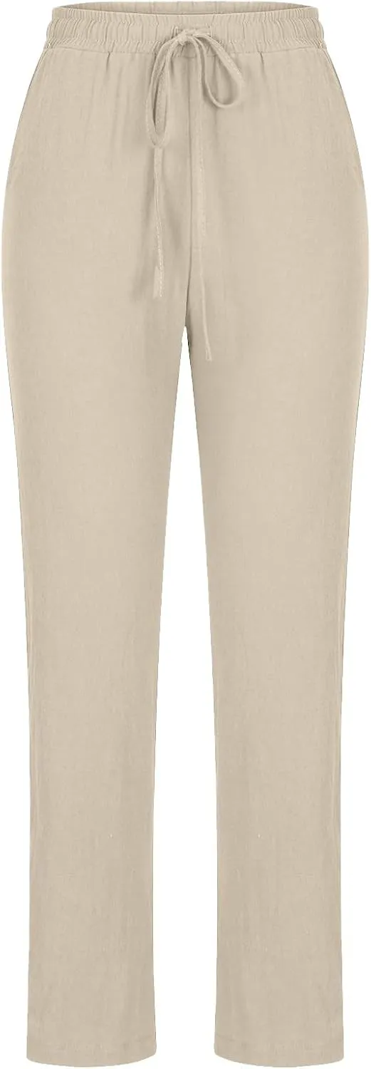 Women's Casual Linen Pants Loose Straight Leg Pants Summer Lightweight Pants Drawstring Waist Pants Lounge Trousers