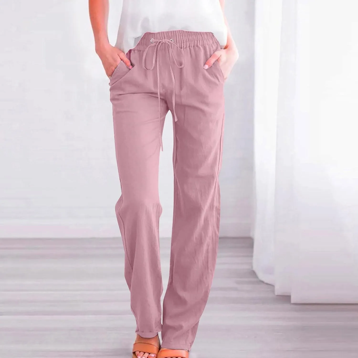 Womens Drawstring Linen Pants High Waisted Elastic Waist Pants Lightweight Straight Leg Lounge Pants Summer Pants