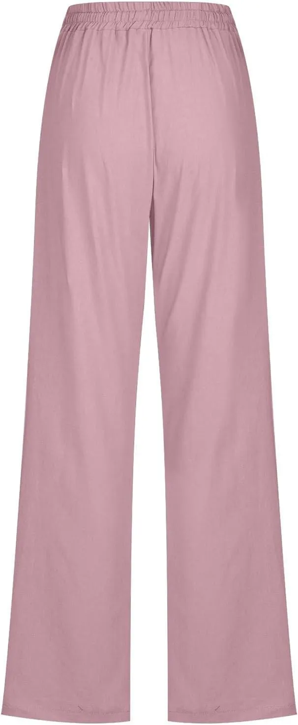 Womens Drawstring Linen Pants High Waisted Elastic Waist Pants Lightweight Straight Leg Lounge Pants Summer Pants