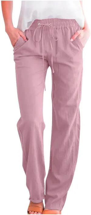 Womens Drawstring Linen Pants High Waisted Elastic Waist Pants Lightweight Straight Leg Lounge Pants Summer Pants