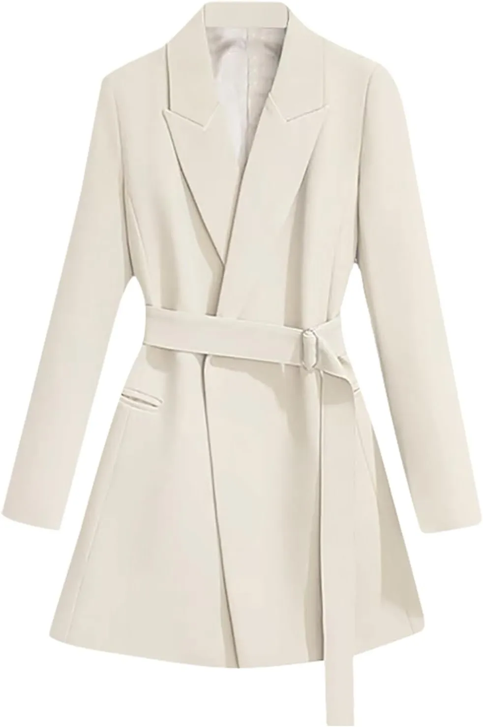 Womens Dressy Blazer Dress Casual Elegant Long Sleeve Lapel Formal Work Office Long Suit Strappy Belt Coat Jackets