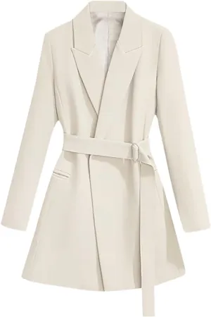 Womens Dressy Blazer Dress Casual Elegant Long Sleeve Lapel Formal Work Office Long Suit Strappy Belt Coat Jackets