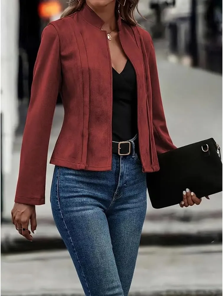 Women'S Fall Faux Suede Jackets Long Sleeve Coats Fashion Dressy Outwear cropped jackets