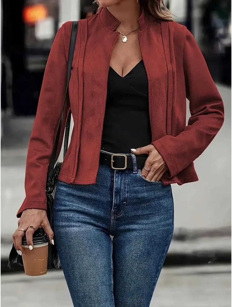 Women'S Fall Faux Suede Jackets Long Sleeve Coats Fashion Dressy Outwear cropped jackets