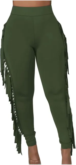 Women's Fringe Pants Casual High Waist Solid Bodycon Side Tassel Pants Yoga Dance Pants Sweatpants Bandage Pants