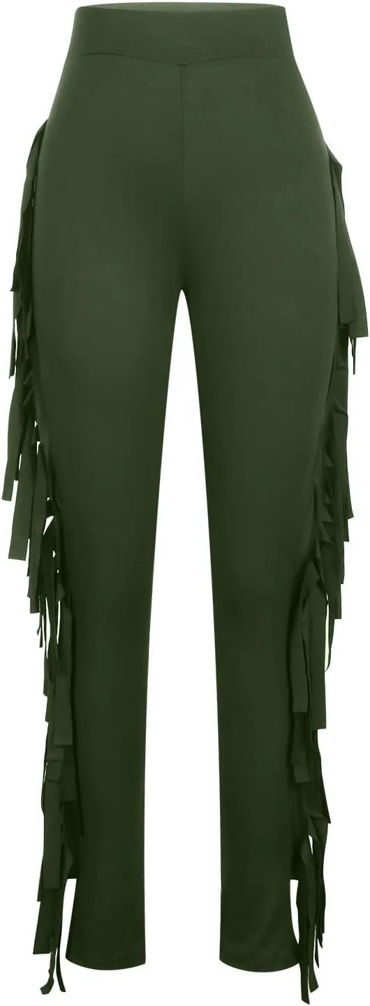 Women's Fringe Pants Casual High Waist Solid Bodycon Side Tassel Pants Yoga Dance Pants Sweatpants Bandage Pants
