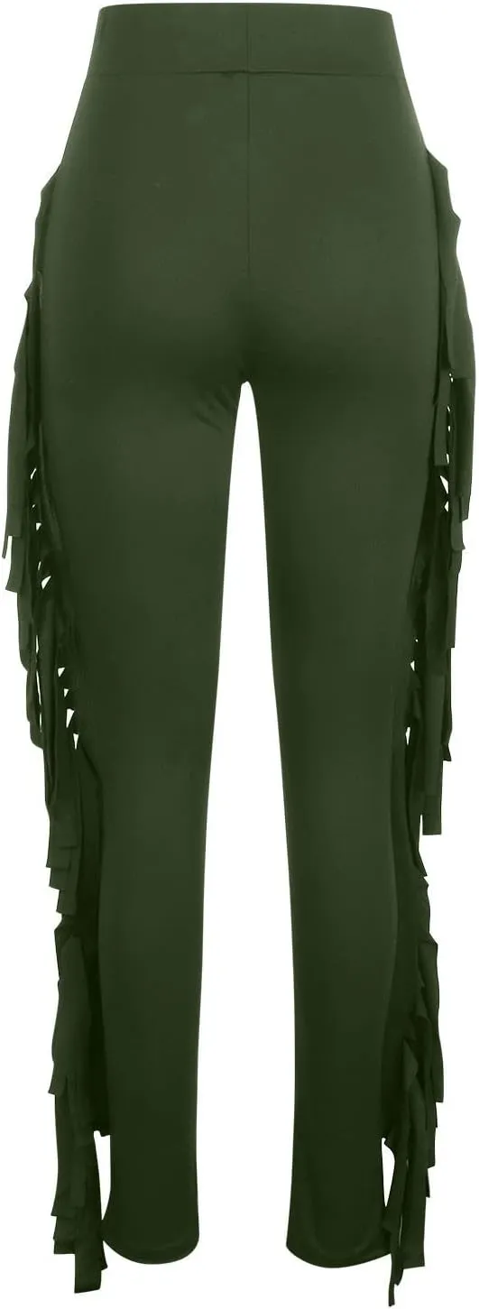 Women's Fringe Pants Casual High Waist Solid Bodycon Side Tassel Pants Yoga Dance Pants Sweatpants Bandage Pants