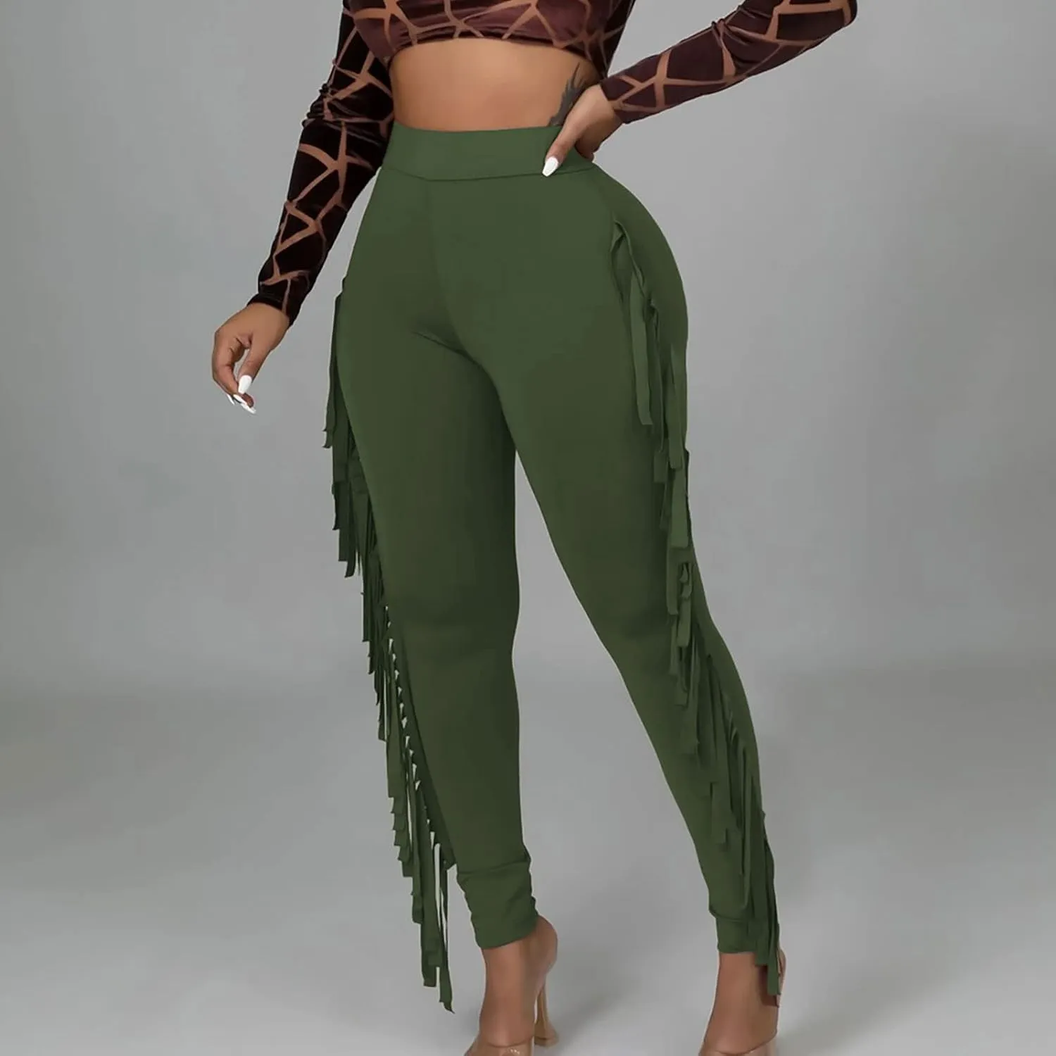 Women's Fringe Pants Casual High Waist Solid Bodycon Side Tassel Pants Yoga Dance Pants Sweatpants Bandage Pants