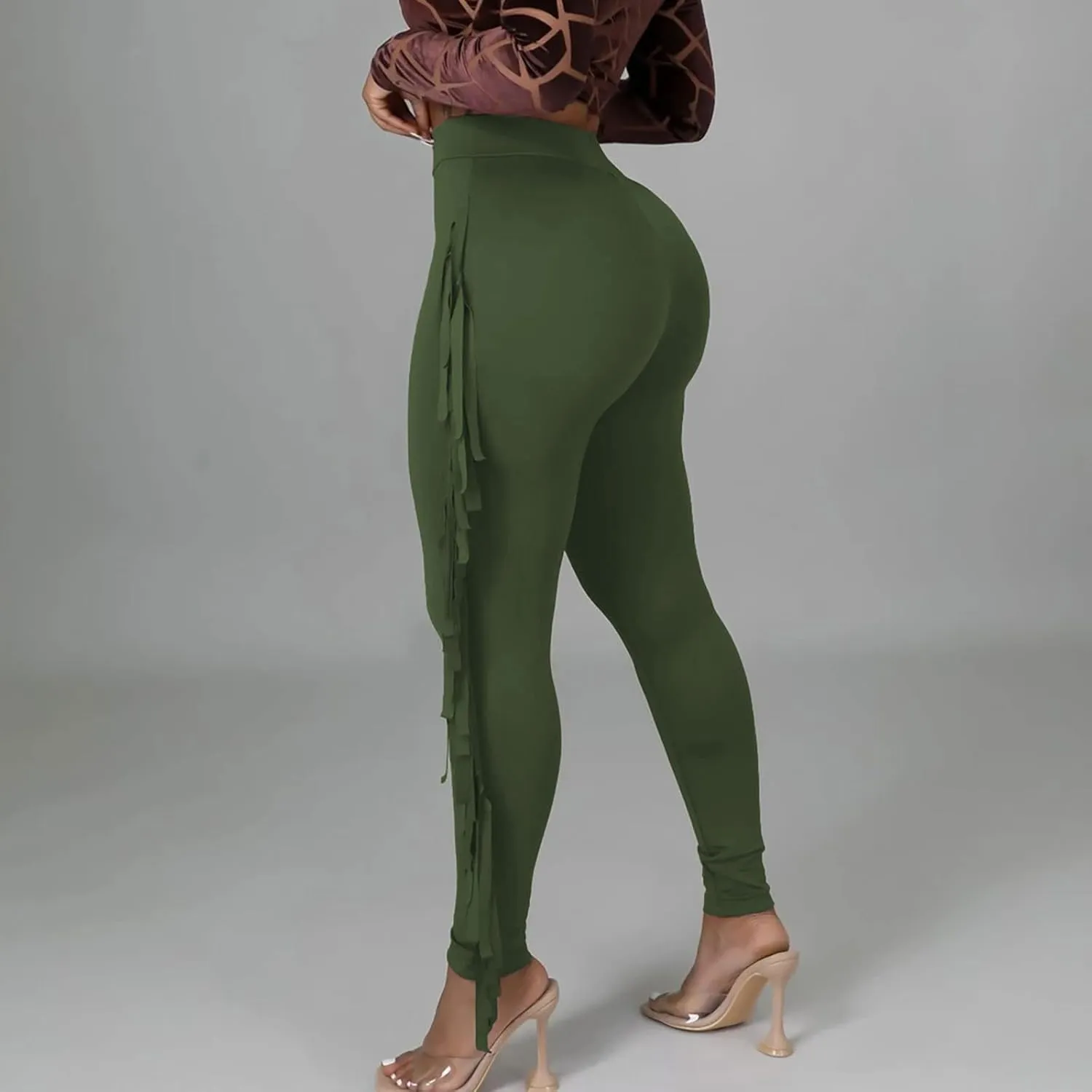 Women's Fringe Pants Casual High Waist Solid Bodycon Side Tassel Pants Yoga Dance Pants Sweatpants Bandage Pants