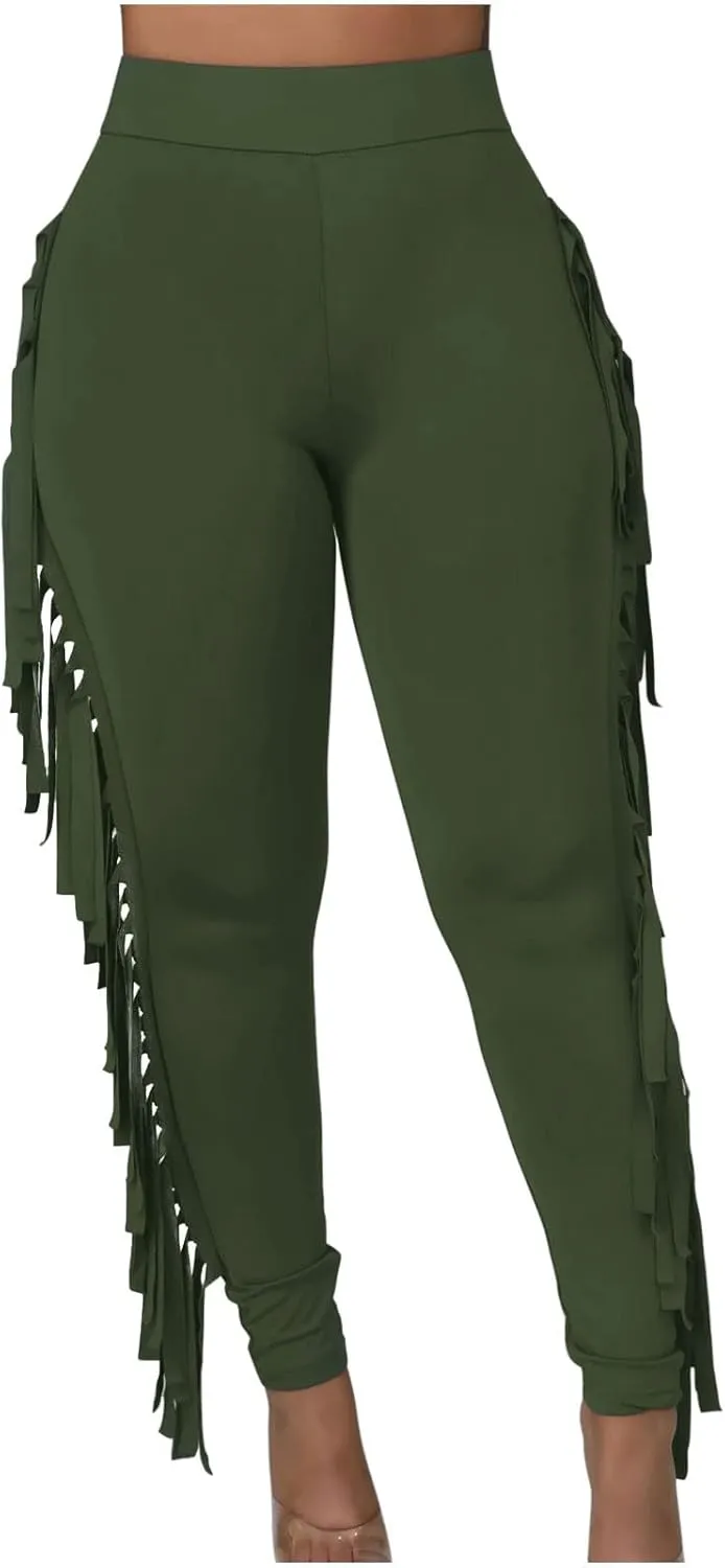 Women's Fringe Pants Casual High Waist Solid Bodycon Side Tassel Pants Yoga Dance Pants Sweatpants Bandage Pants