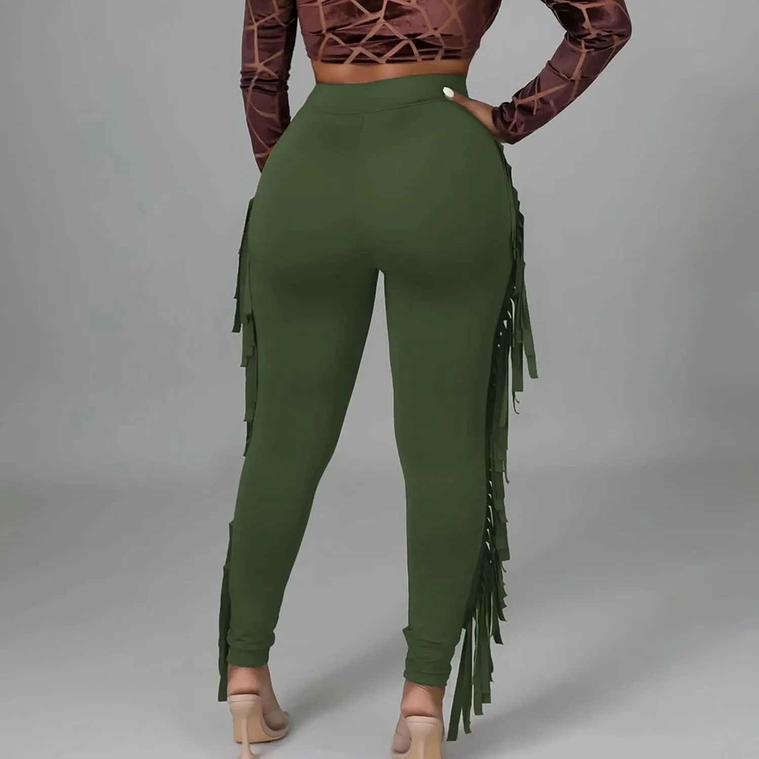 Women's Fringe Pants Casual High Waist Solid Bodycon Side Tassel Pants Yoga Dance Pants Sweatpants Bandage Pants