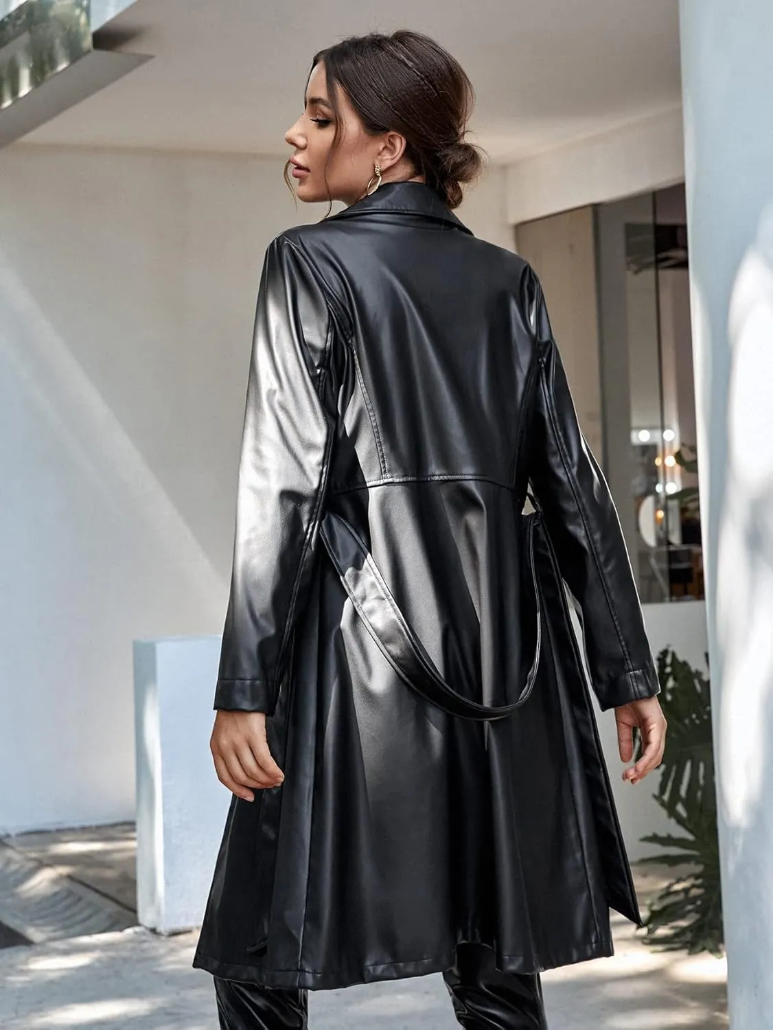 Womens Jackets Jackets for Women Lapel Collar Belted Trench Coat (Color : Black, Size : Large)