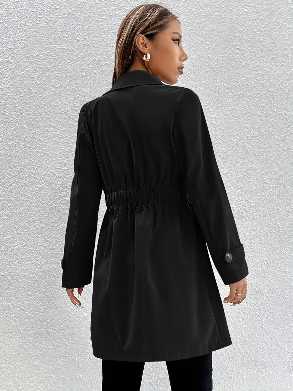 Women's Jackets Single Breasted Elastic Waist Trench Coat Women Jackets (Color : Black, Size : Large)
