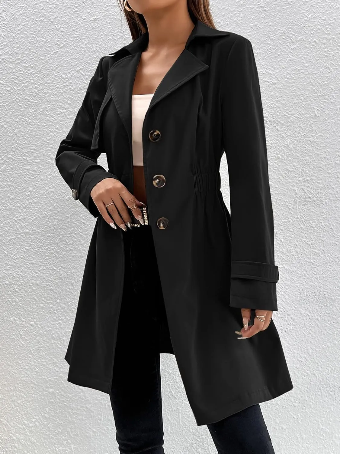 Women's Jackets Single Breasted Elastic Waist Trench Coat Women Jackets (Color : Black, Size : Large)