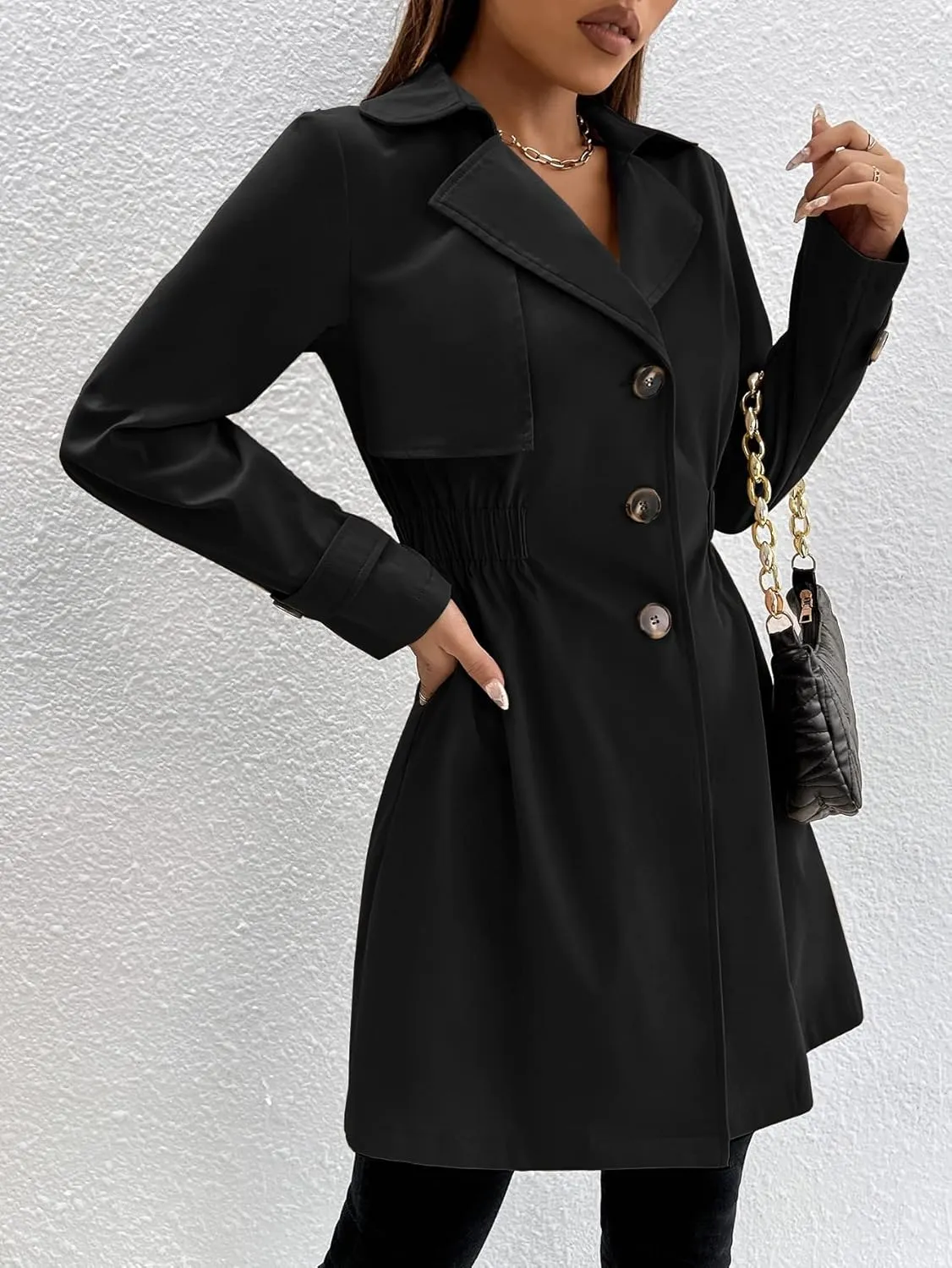 Women's Jackets Single Breasted Elastic Waist Trench Coat Women Jackets (Color : Black, Size : Large)