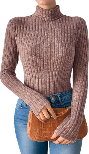 Womens Long Sleeve Turtleneck Tops Ribbed Thermal Underwear Shirt Slim Fit Fall Pullover Sweater