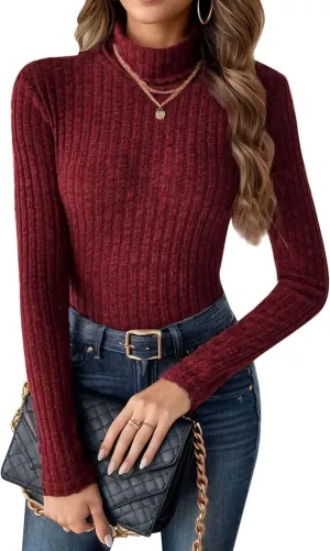 Womens Long Sleeve Turtleneck Tops Ribbed Thermal Underwear Shirt Slim Fit Fall Pullover Sweater