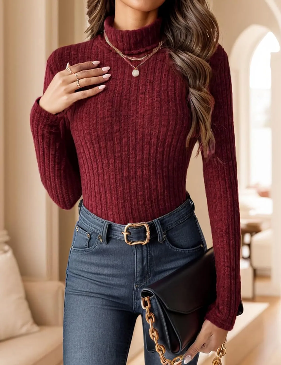 Womens Long Sleeve Turtleneck Tops Ribbed Thermal Underwear Shirt Slim Fit Fall Pullover Sweater