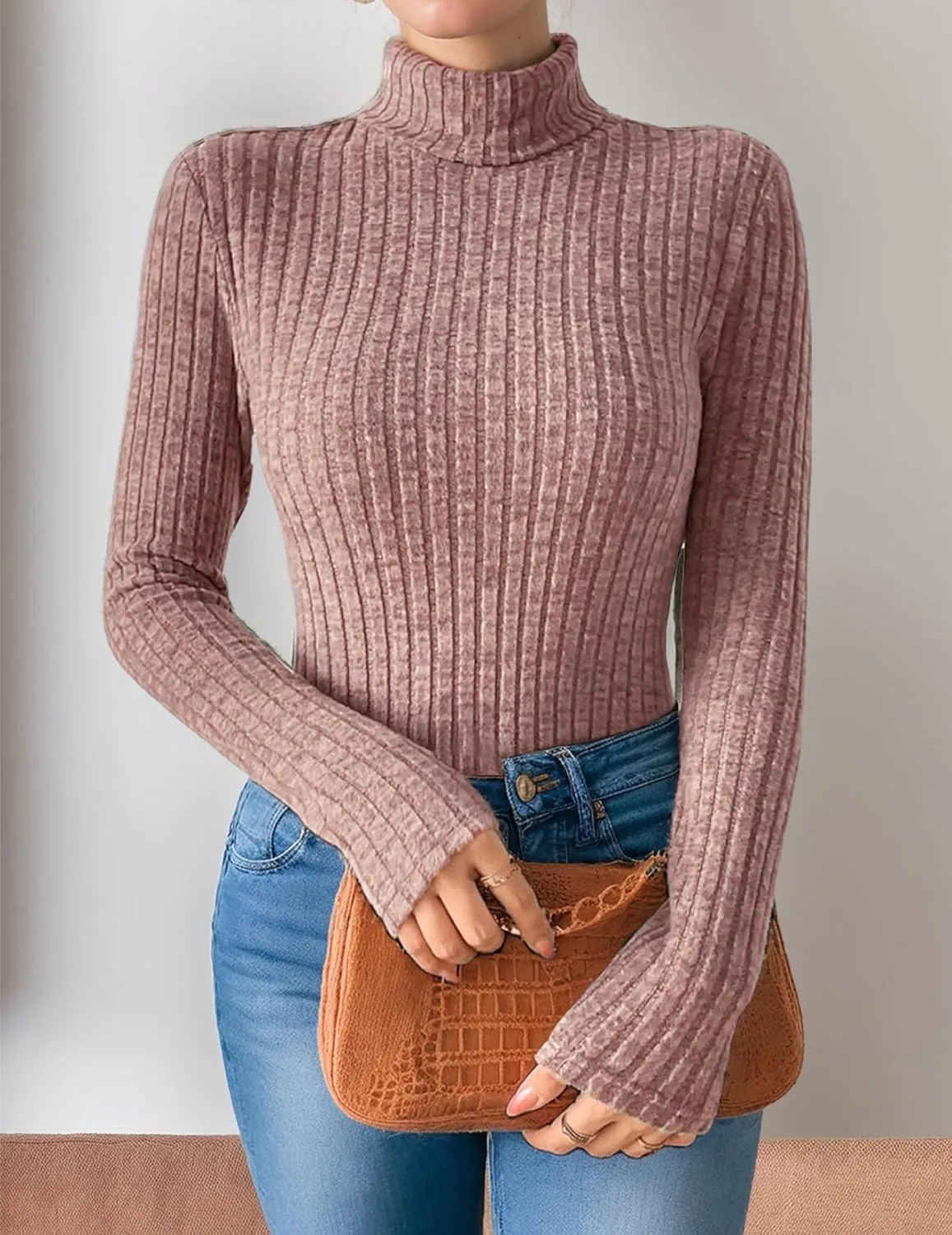 Womens Long Sleeve Turtleneck Tops Ribbed Thermal Underwear Shirt Slim Fit Fall Pullover Sweater
