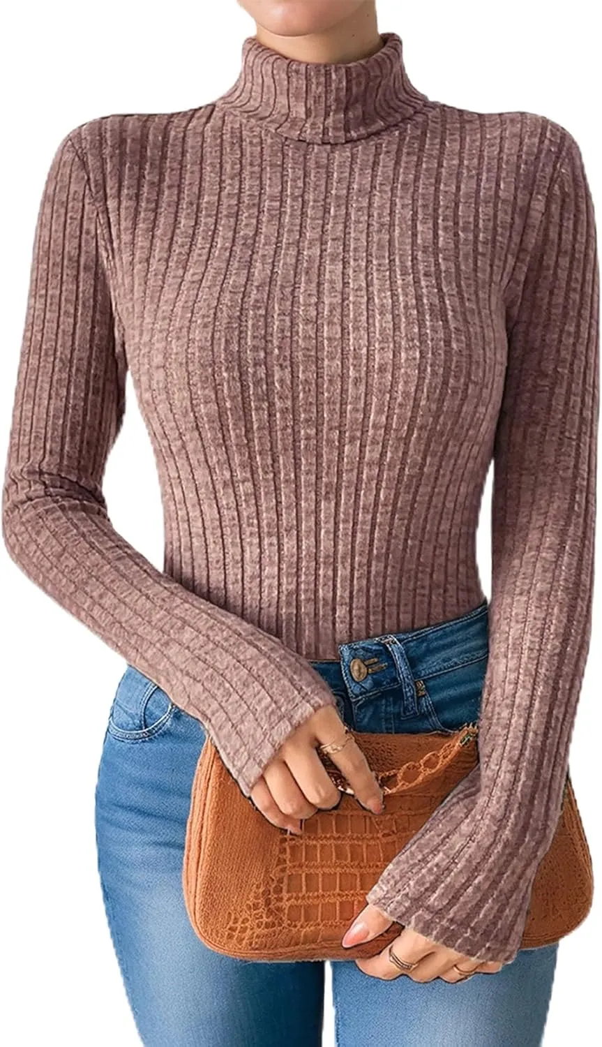 Womens Long Sleeve Turtleneck Tops Ribbed Thermal Underwear Shirt Slim Fit Fall Pullover Sweater