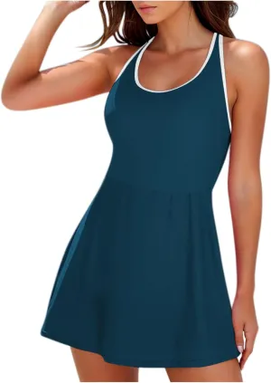 Womens One Piece Swimsuit Skirt Tummy Control Bathing Suit Color Block Swim Dress Swimwear with Pockets 2025 Summer