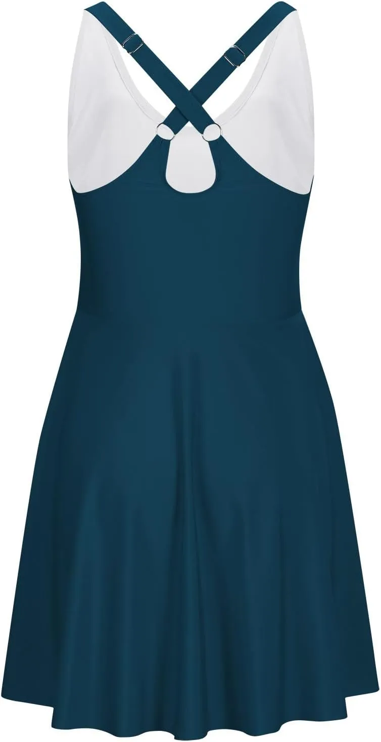 Womens One Piece Swimsuit Skirt Tummy Control Bathing Suit Color Block Swim Dress Swimwear with Pockets 2025 Summer