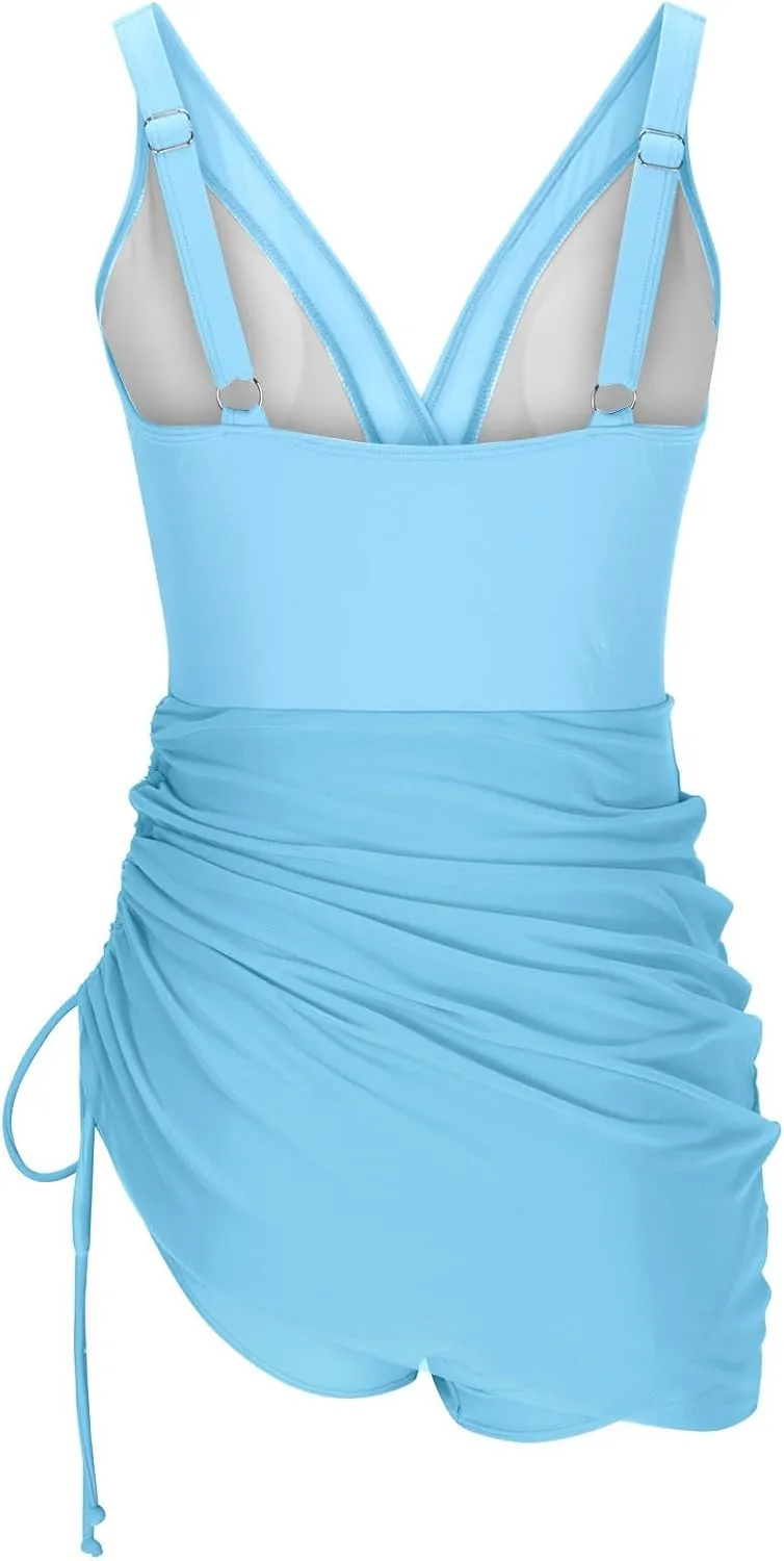 Womens One Piece Swimsuit Skirt Tummy Control Bathing Suit Drawstring Swim Dress Slimming Smocked Ruched Swimdress