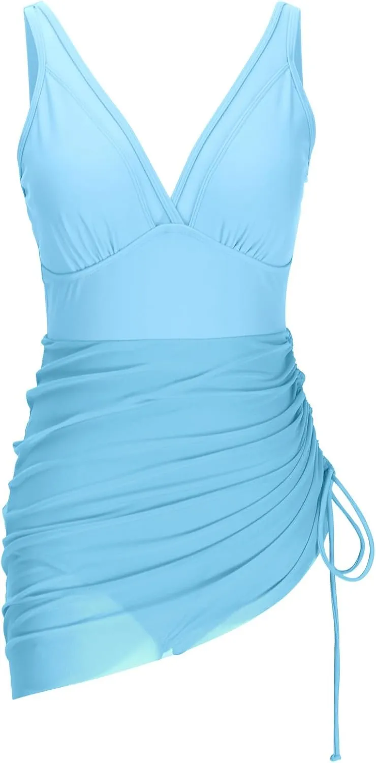 Womens One Piece Swimsuit Skirt Tummy Control Bathing Suit Drawstring Swim Dress Slimming Smocked Ruched Swimdress
