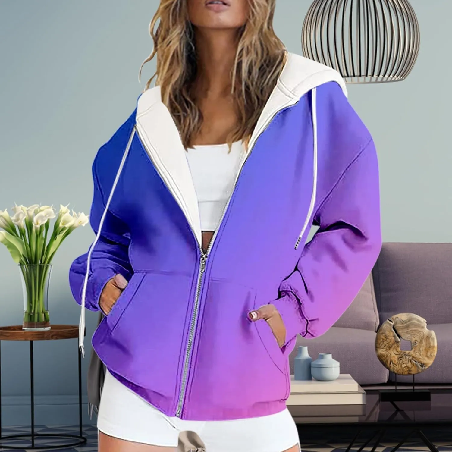 Women's Oversized Zip Up Hoodies Coat Fall Plus Size Sweatshirts Casual Activewear Drawstring Jackets with Pockets
