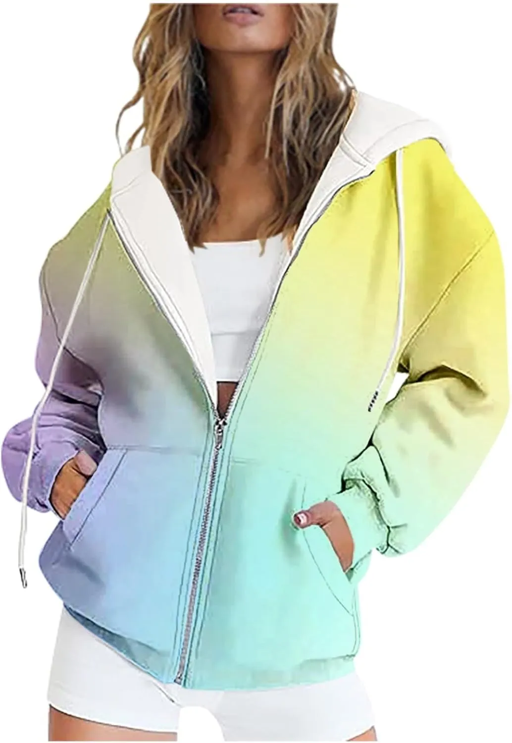 Women's Oversized Zip Up Hoodies Coat Fall Plus Size Sweatshirts Casual Activewear Drawstring Jackets with Pockets