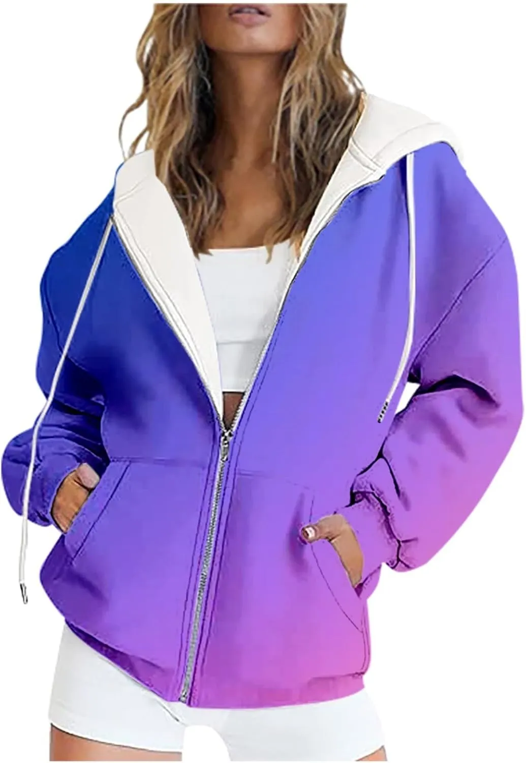 Women's Oversized Zip Up Hoodies Coat Fall Plus Size Sweatshirts Casual Activewear Drawstring Jackets with Pockets