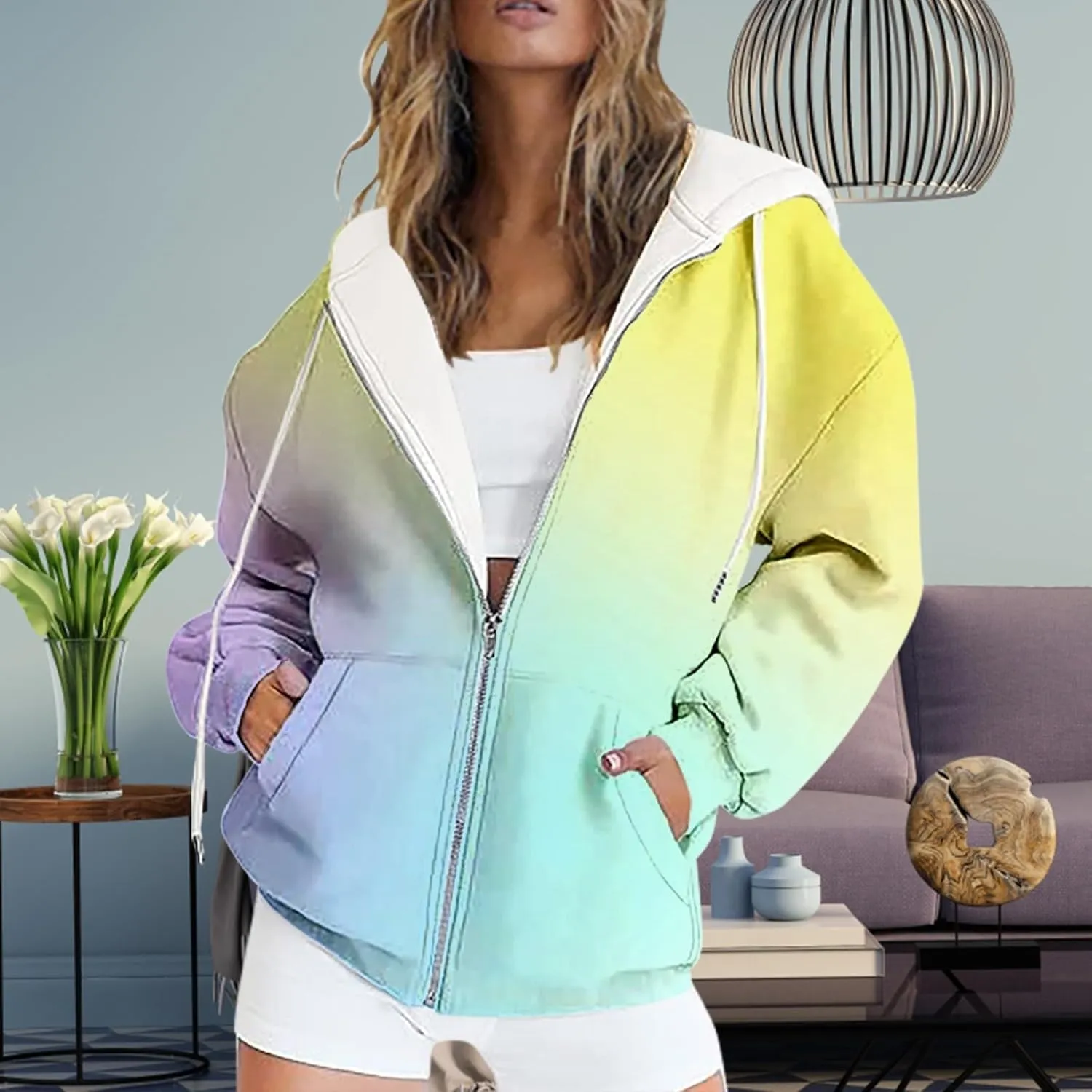 Women's Oversized Zip Up Hoodies Coat Fall Plus Size Sweatshirts Casual Activewear Drawstring Jackets with Pockets