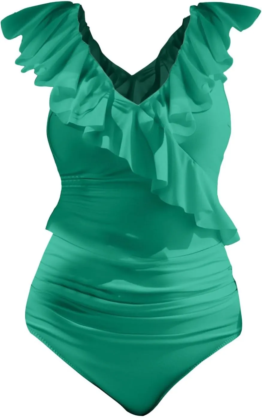 Womens Ruffled One Piece Swimsuits Slim Fit Cute Swimsuit with Chest Pad Without Brackets Pleated V Neck Swimsuit