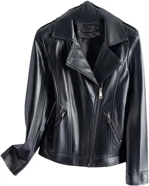 Womens Sheepskin Jackets Zipper Short Moto Biker Jackets Long Sleeve Casual Leather Coats
