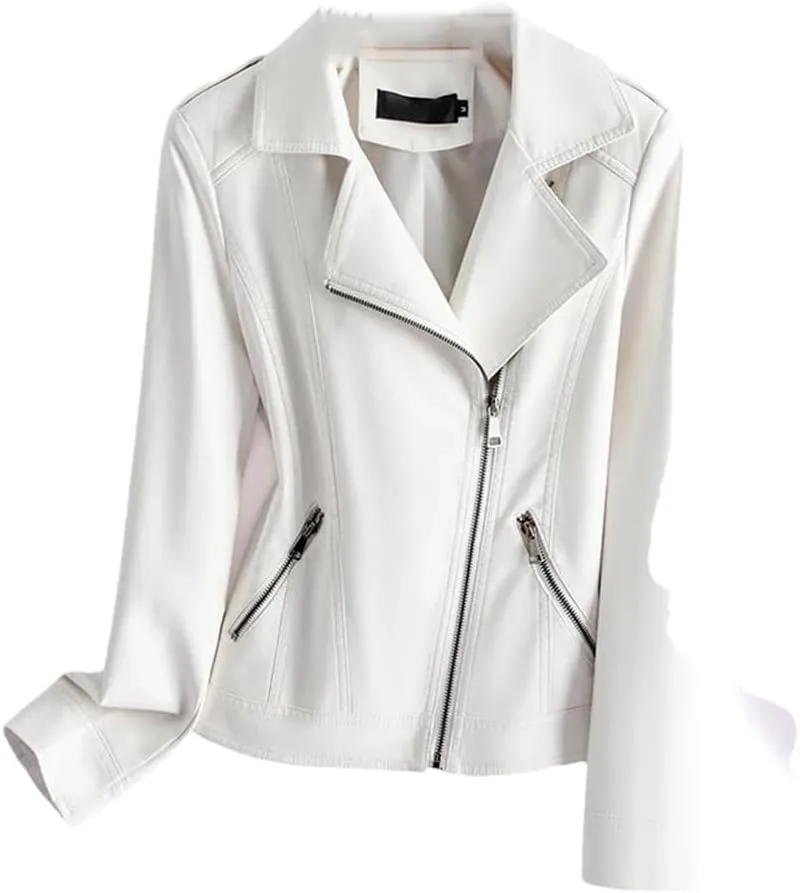Womens Sheepskin Jackets Zipper Short Moto Biker Jackets Long Sleeve Casual Leather Coats