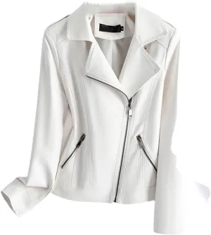 Womens Sheepskin Jackets Zipper Short Moto Biker Jackets Long Sleeve Casual Leather Coats