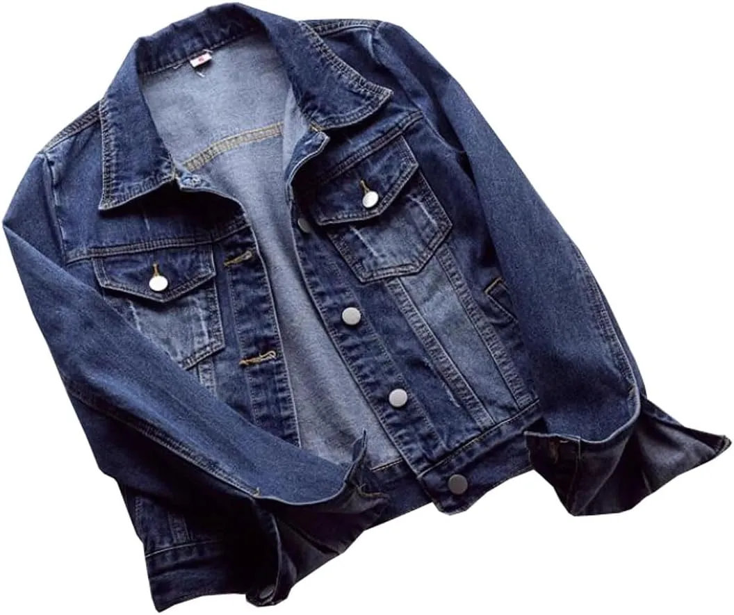 Womens Solid Color Denim Jackets Button Up Long Sleeve Trucker Jackets Jean Coat