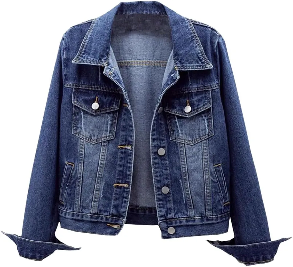 Womens Solid Color Denim Jackets Button Up Long Sleeve Trucker Jackets Jean Coat