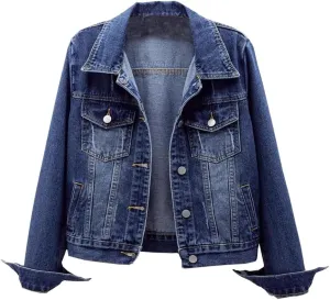 Womens Solid Color Denim Jackets Button Up Long Sleeve Trucker Jackets Jean Coat