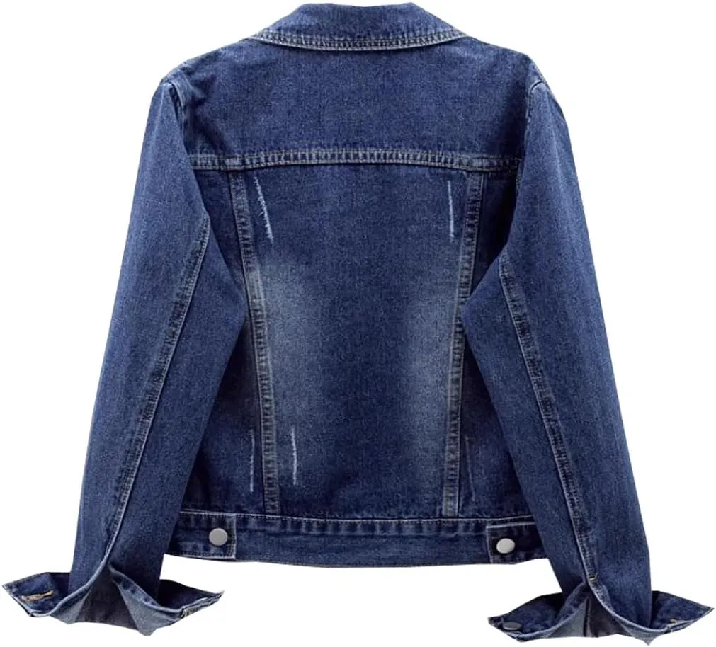 Womens Solid Color Denim Jackets Button Up Long Sleeve Trucker Jackets Jean Coat