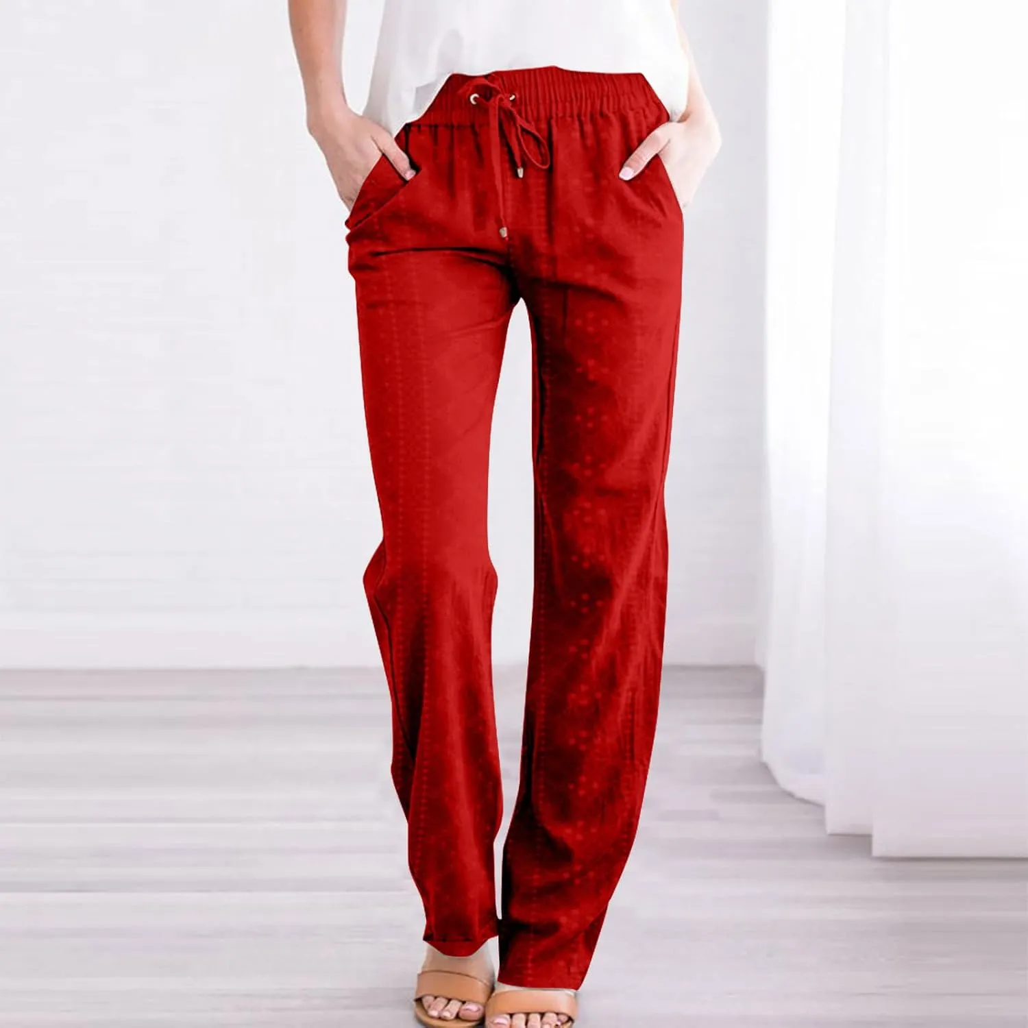 Women's Straight Leg Drawstring Elastic Pants Casual High Waist Loose Comfy Trousers with Pockets