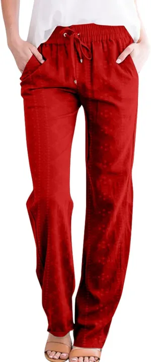 Women's Straight Leg Drawstring Elastic Pants Casual High Waist Loose Comfy Trousers with Pockets
