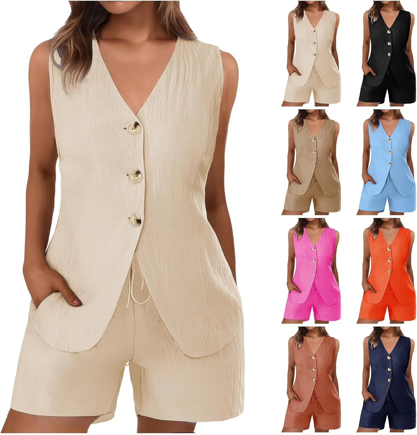 Women's Summer 2 Piece Outfits Blazer Vest Set Button Down Suit Vest Tops High Waisted Shorts Business Casual Outfits