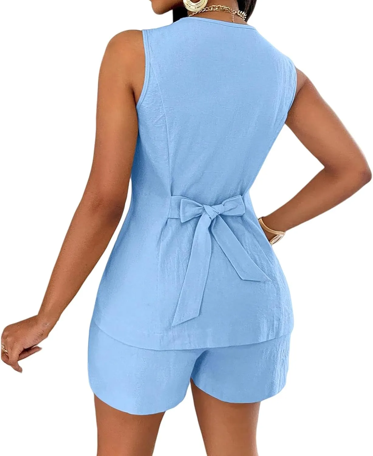 Women's Summer 2 Piece Outfits Blazer Vest Set Button Down Suit Vest Tops High Waisted Shorts Business Casual Outfits