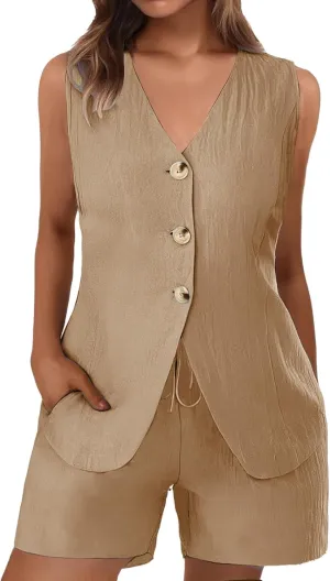 Women's Summer 2 Piece Outfits Blazer Vest Set Button Down Suit Vest Tops High Waisted Shorts Business Casual Outfits