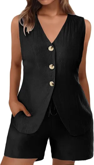 Women's Summer 2 Piece Outfits Blazer Vest Set Button Down Suit Vest Tops High Waisted Shorts Business Casual Outfits