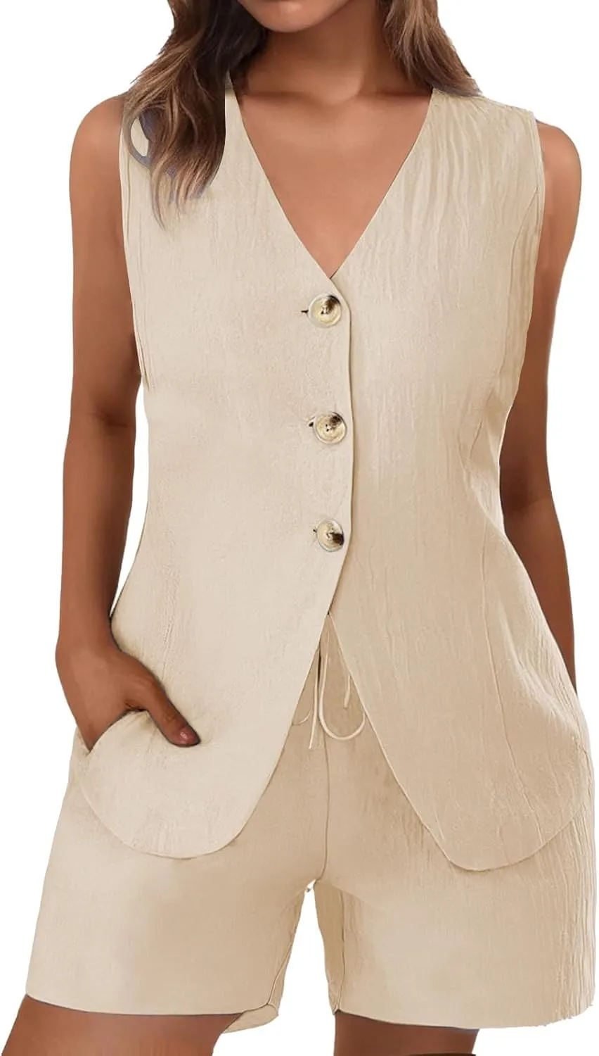 Women's Summer 2 Piece Outfits Blazer Vest Set Button Down Suit Vest Tops High Waisted Shorts Business Casual Outfits