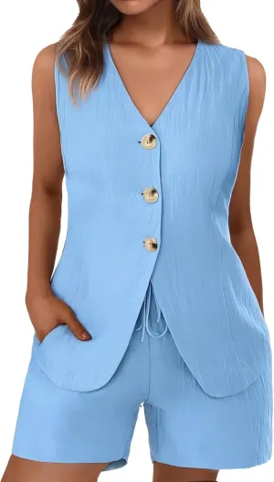Women's Summer 2 Piece Outfits Blazer Vest Set Button Down Suit Vest Tops High Waisted Shorts Business Casual Outfits