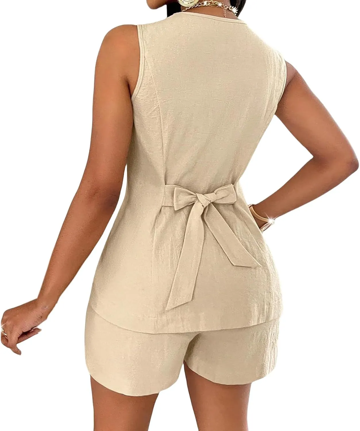 Women's Summer 2 Piece Outfits Blazer Vest Set Button Down Suit Vest Tops High Waisted Shorts Business Casual Outfits